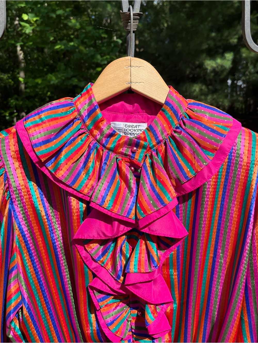 70s Sears Colorful Striped Circus Clown Ruffle Collar Midi Dress Size 14 Retro - Picture 15 of 16